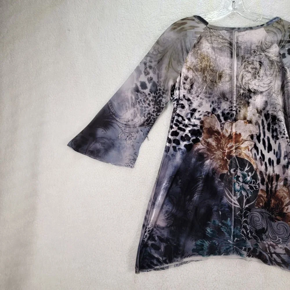 Bleu Womens Top Size S Blue Animal Print Flowy Ruffled Y2K Colorful Tunic Blouse - Picture 9 of 12